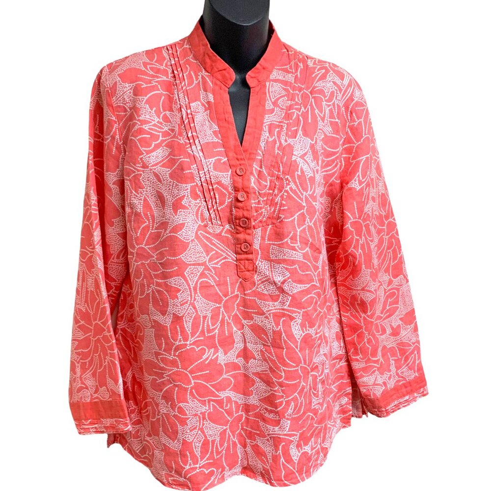 CAROLE LITTLE Coral with White Floral Print Linen Tunic Top